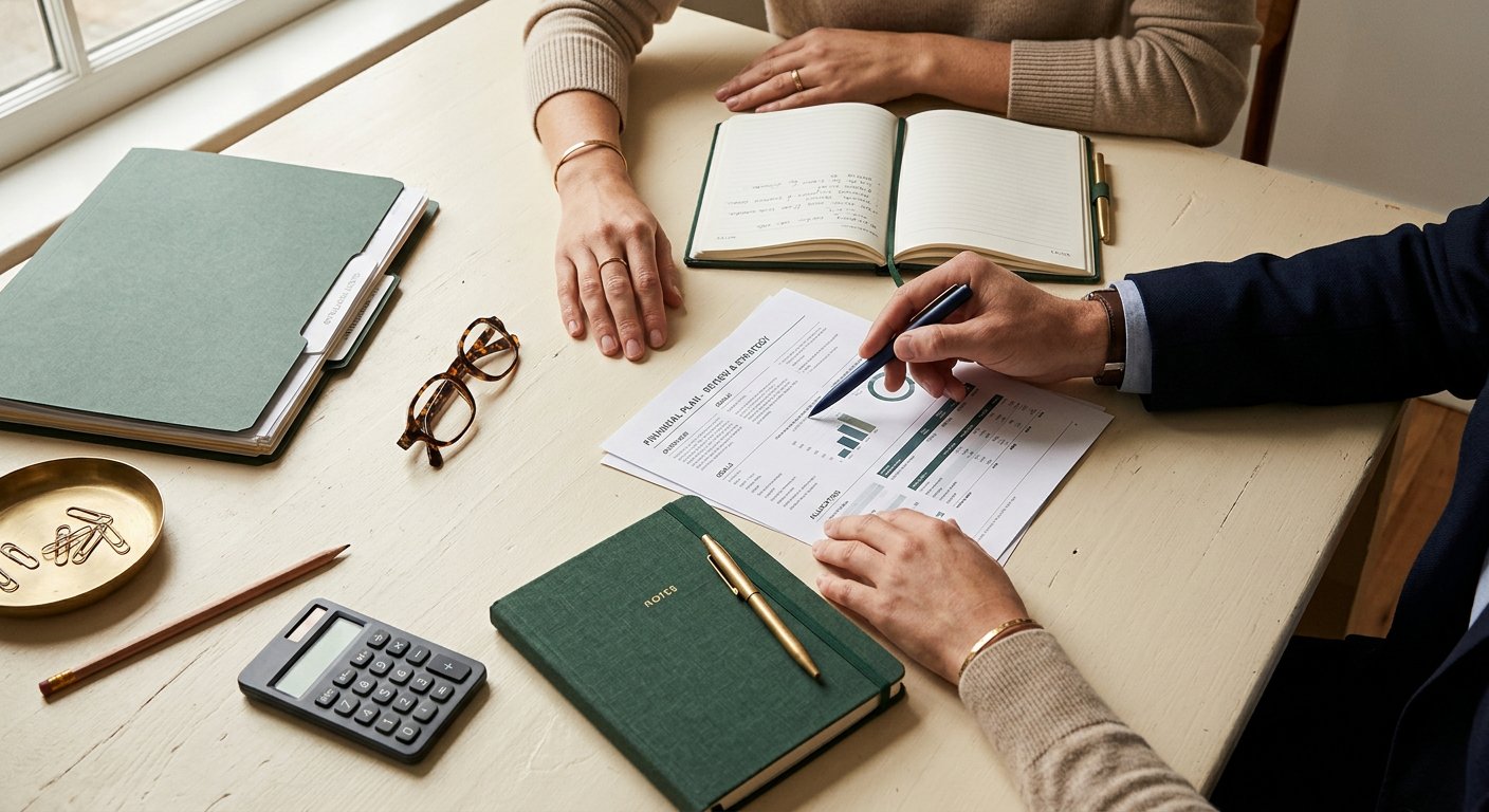 Two people reviewing a printed financial plan across a table